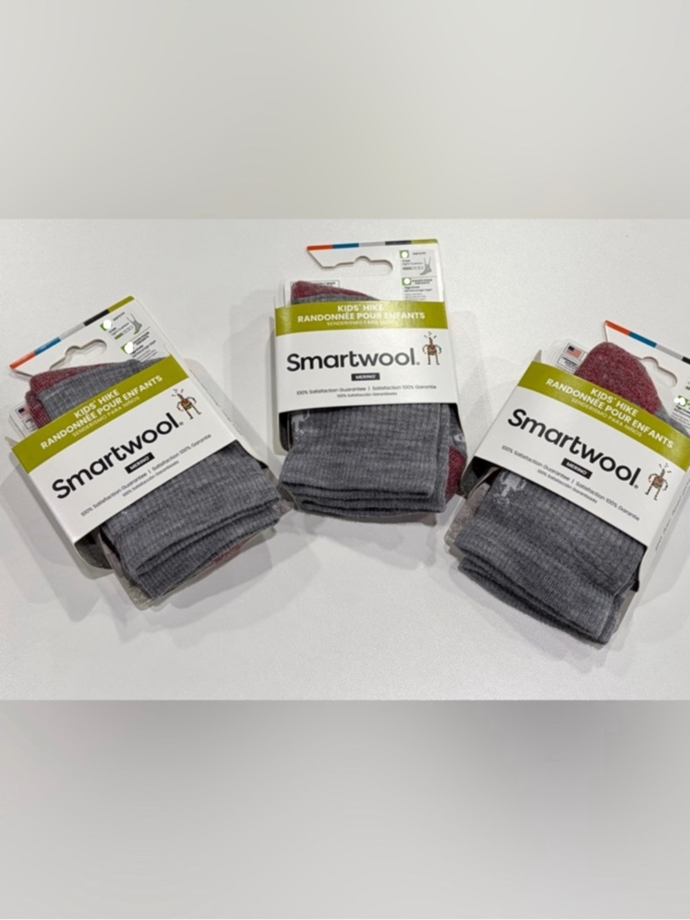 SmartWool Kids Large Light Cushion Hiking Socks 3-Pack Crew Grey Red NWT